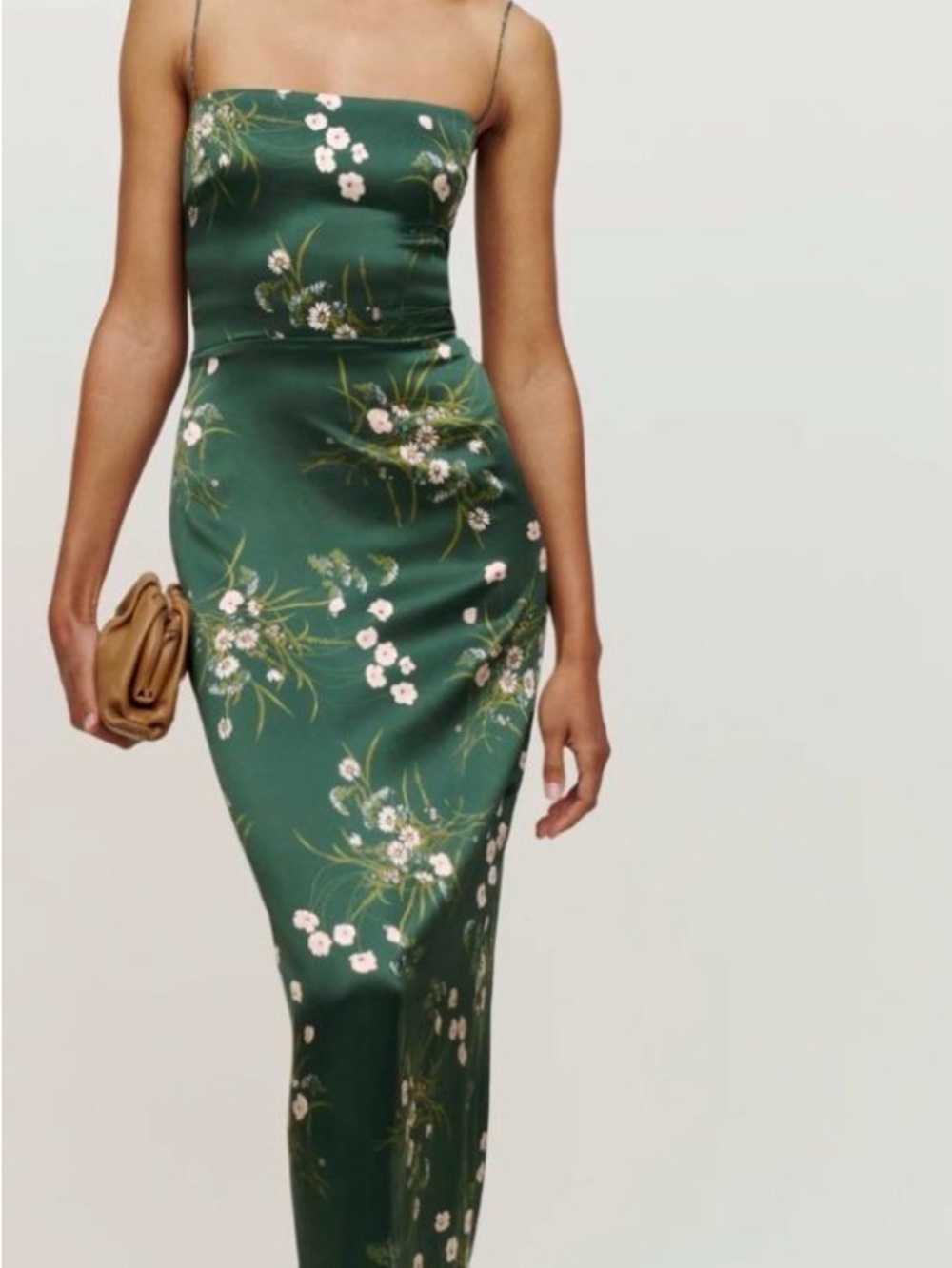 Reformation Emerald Floral Strapless Satin Dress